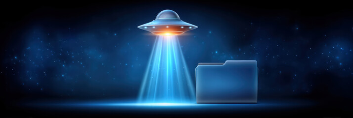 Alien spacecraft beaming light onto glowing folder evoking data security and futuristic digital