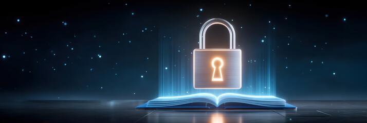 Digital data security concept glowing lock above open book protecting information and privacy
