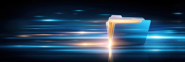 Secure data folder with glowing transfer lights and digital speed streaks showing fast security