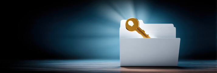Secure file folder with golden key symbol data security concept protecting digital records