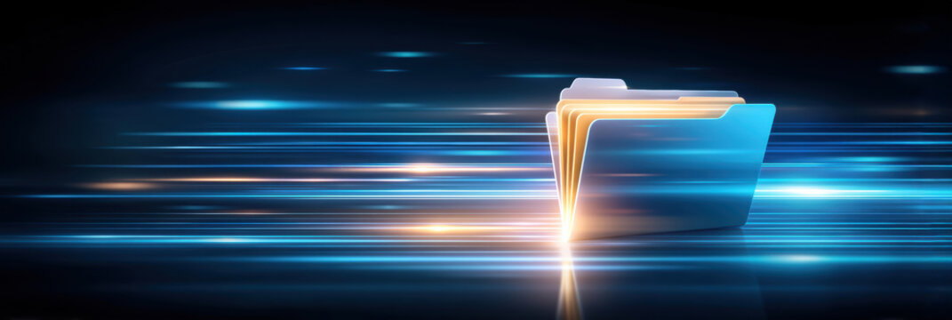 Secure data folder with glowing transfer lights and digital speed streaks showing fast security