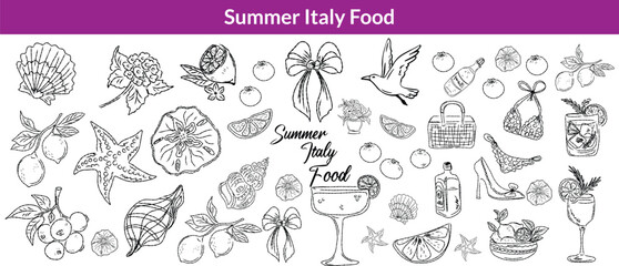 Summer Italy food print, hand drawn travel Mediterranean icon set Italian vintage vacation emblem. Traditional cuisine elements, Amalfi lemon silhouette wine glass bottle. Italy summer coastal  set