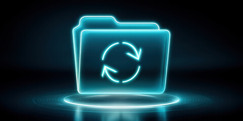 Neon folder update data security sync icon glowing blue digital backup