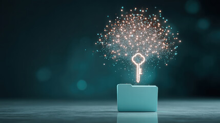 Digital data security folder glowing key above folder with sparkling particles