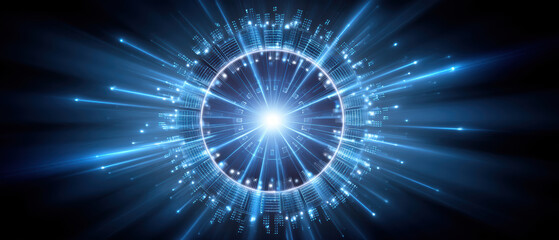 Data security glowing circular network hub with blue light beams and futuristic radial circuitry