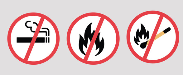 No smoking and no open fire burning red sign, vector illustration of no smoking symbol, no open flame sign, perfect for safety, warning, and public notice designs.