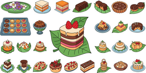 Cartoon dessert illustration set, layered cakes, tarts, cookies, pastries, sweets on plates and leaves, festive food clipart