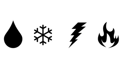 Elements Icons Water, Snow, Lightning, and Fire Symbol Set