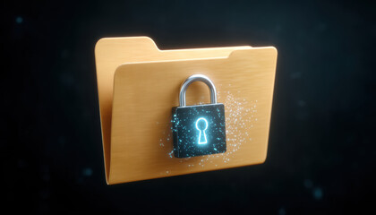 Data security folder with glowing padlock symbol protecting digital files against breach