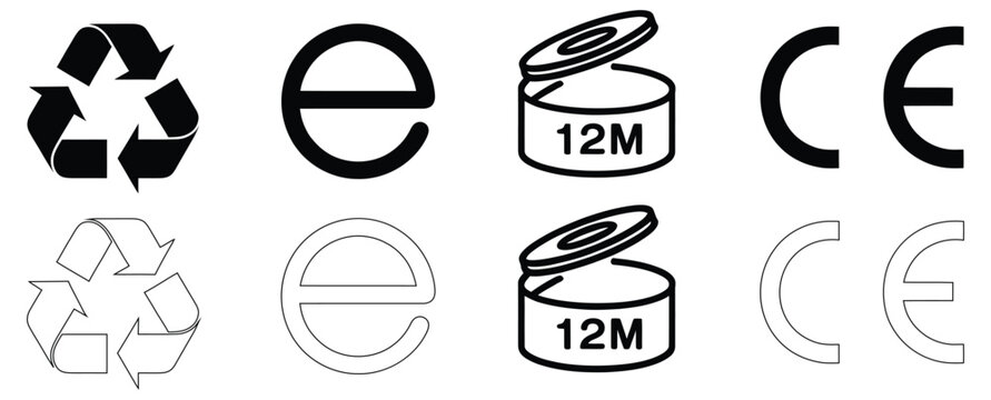 Set of black and white european and recycling marks isolated on white bg,Recycle sign vector illustration, packaging products symbols,packaging labels,information icons of recycling,Recycle icon