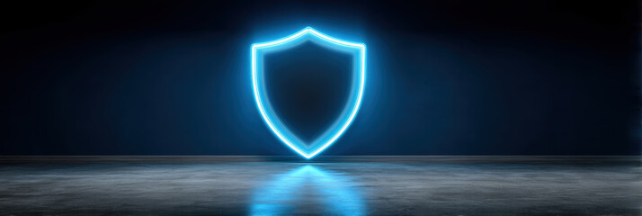 Neon shield data security glowing blue reflection modern protection
