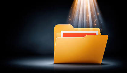 Golden folder with glowing spotlight and data security concept in dark studio light