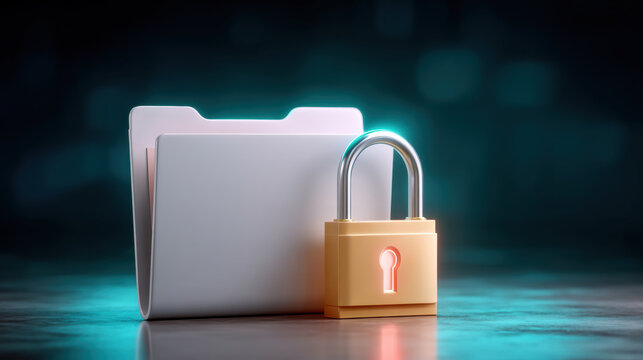 Secure file folder with glowing padlock showing data security and digital protection