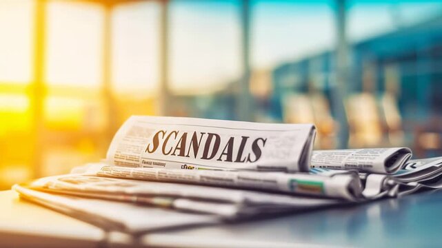 Close up shot of a daily newspaper titled Scandals lying on a desk, with a focus on the folded papers displaying breaking news articles