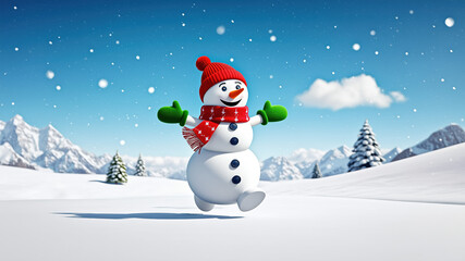 Obraz premium A cheerful snowman with a red hat and scarf is joyfully dancing in a snowy field. Surrounding mountains and evergreen trees create a beautiful winter scene under a clear blue sky