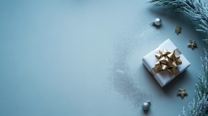 Elegant white gift box with gold bow and festive decorations