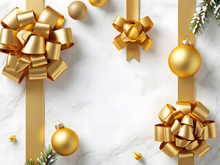 Christmas holiday background with gold bow, ribbon, and red gift box decoration