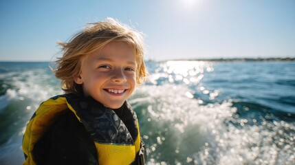 A young boy wears a bright life jacket as he smiles while riding a boat on a sunny day. The ocean sparkles under the sun and the shore is visible in the distance.