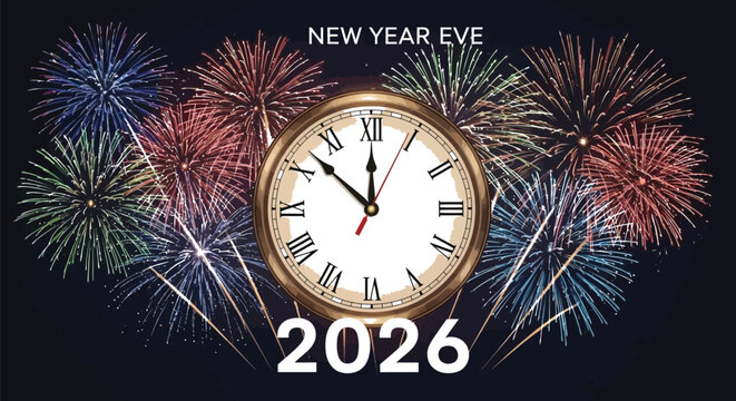 Clock striking midnight on new year's eve 2026 with colorful fireworks display
