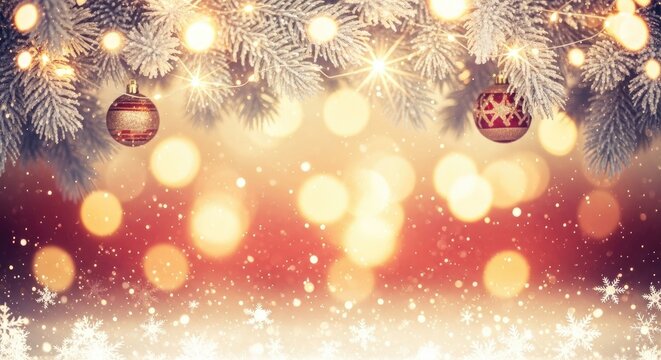 Christmas tree branches with ornaments and lights against a red and gold background with snowflakes. - Powered by Adobe