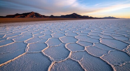 A stunning landscape view of a salt flat with a unique hexagonal pattern, mountains in the background, and a dramatic sunset sky.