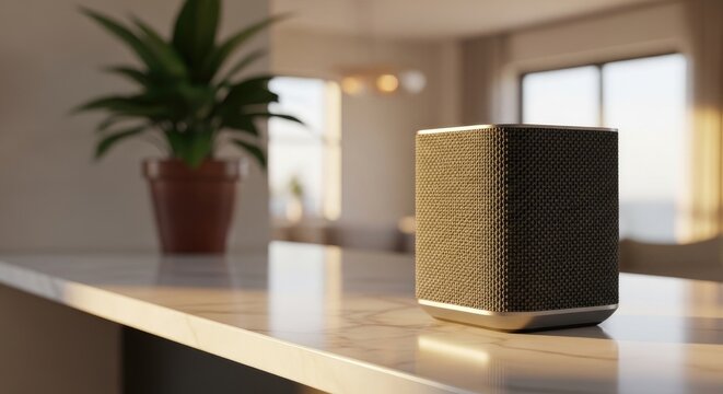 A modern, sleek smart speaker with a black and white design, placed on a marble countertop in a modern living room.
