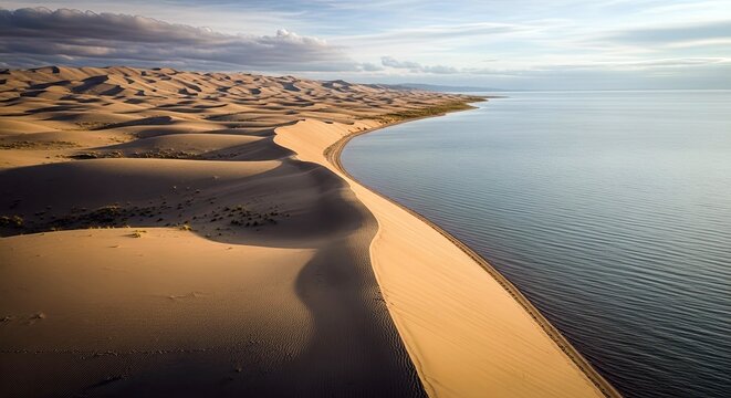 Aerial view of sand dunes meeting the ocean at sunset. The image shows the contrast between the sand and water under a cloudy sky. - Powered by Adobe