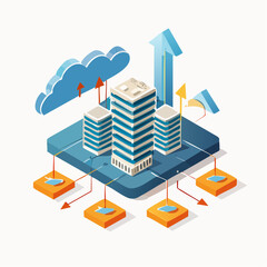 Isometric Cloud Computing and Data Network Illustration.
