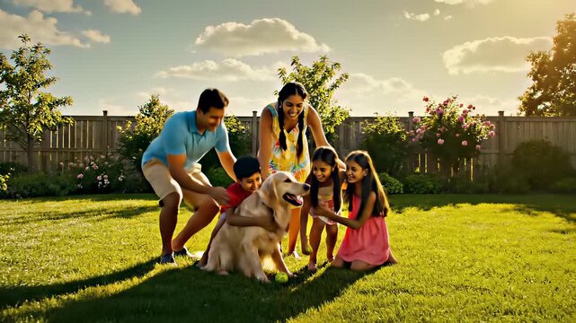 Family and dog having fun together in a sunny yard, capturing the joyful concept of happy family moments, conveying feelings of unity, togetherness, and carefree joy, perfect for use as a.