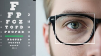 Young person getting an eye exam at the clinic with snellen chart for vision