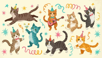 Cats celebrating a party with hats and confetti, joyful and festive. © ARFI