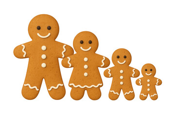 Gingerbread family cookies standing together, representing christmas baking, holiday joy, and sweet tradition on transparent background