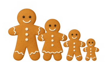 Gingerbread family cookies standing together, representing christmas baking, holiday joy, and sweet tradition on transparent background