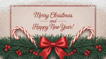 Festive merry christmas and happy new year greeting card with candy canes and bow