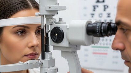 Young woman receiving comprehensive eye examination by an optometrist in clinic.