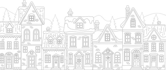 Obraz premium Winter village coloring page with houses and trees covered in snow illustration