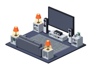 Obraz premium 3D isometric home theater with large sofa, projector screen, speakers, and snacks corner, ideal for entertainment lifestyle themes and modern living visuals