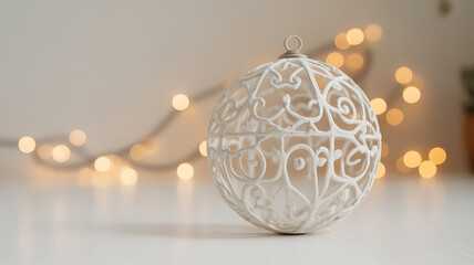 White ornate Christmas bauble with bokeh lights on a white surface Keywords: christmas, ornament, bauble, decoration, festive, holiday, winter, white, ornate, intricate, design, lights, bokeh