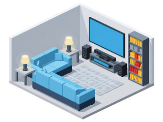 Obraz premium 3D isometric home theater with large sofa, projector screen, speakers, and snacks corner, ideal for entertainment lifestyle themes and modern living visuals