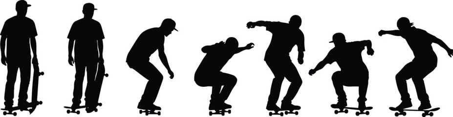 Skateboarding Silhouette Vector Set: Dynamic Collection of Skaters Performing Extreme Tricks, Urban Street Sports Lifestyle, Active Young Male Athlete, Isolated Black Graphic Element,