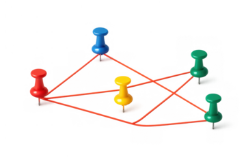 Colorful pushpins connected by red string representing a connected network, mapping relationships, ideas, and strategic planning. Isolated