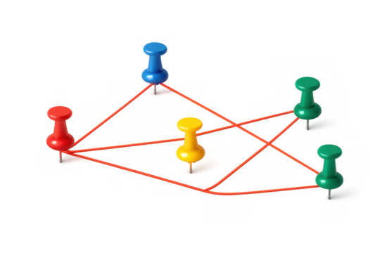 Colorful pushpins connected by red string representing a connected network, mapping relationships, ideas, and strategic planning. Isolated - Powered by Adobe
