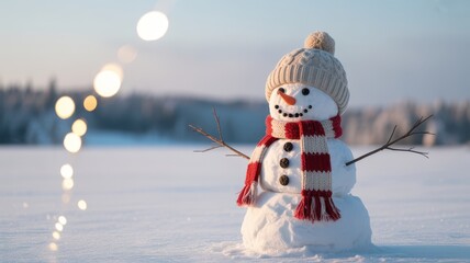 Joyful snowman wearing a hat and scarf in a winter wonderland