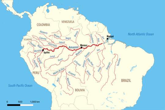 Vector Map of the Amazon River and its main tributaries
