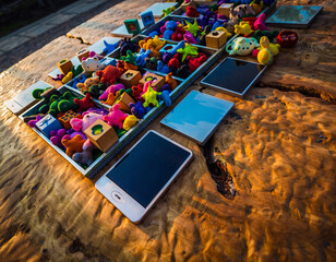 Colorful soft toys and wooden blocks in compartments, contrasted with sleek phones on a textured wood surface. Playful juxtaposition of technology and childhood. Ideal for education, tech.