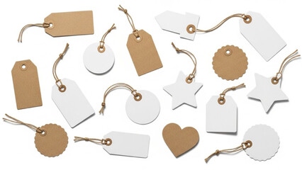 Set of Blank Paper Price Tags and Labels with Strings in Different Shapes on White Background with Soft Shadows