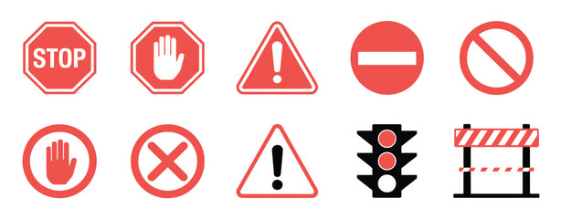 Red warning and prohibition sign set, featuring stop, hand, danger, no entry, traffic light icons, flat vector design suitable for traffic safety, construction, and alert projects.