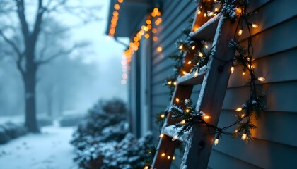 Christmas ladder used to hang outdoor lights on house