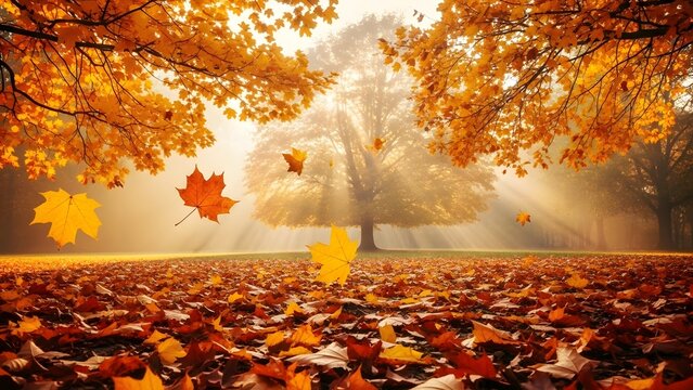 Autumnal park scene with golden leaves falling and sunbeams through mist - Powered by Adobe