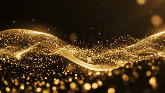 Abstract futuristic background design with a dynamic flow of glowing golden particles creating an elegant digital wave